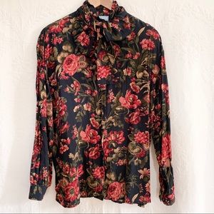Vintage VTG dark floral neck-bow rayon blouse